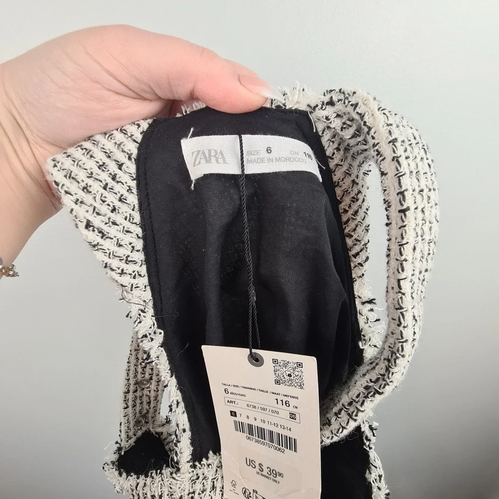 Zara Girls Frayed Tweed Jumper Black and White Dress Size‎ 6 Pockets Lined